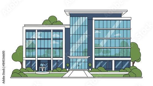 Modern office building with large glass windows and lush green landscaping surrounding it.