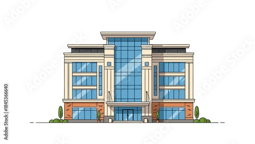 A modern, multi-story office building with large glass windows and a central glass facade.