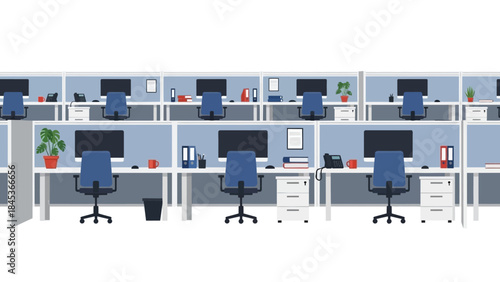 Modern office cubicles with computers, chairs, and plants, arranged in a neat row.