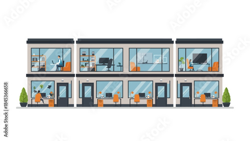 Modern office building with multiple floors and individual workspaces, showcasing a professional and contemporary work environment.