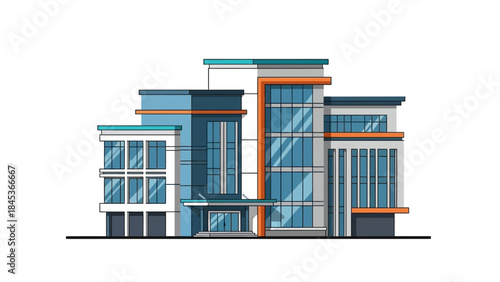 Modern multi-story office building with contemporary design and large windows, isolated on a white background.