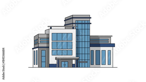 Modern corporate building illustration featuring blue glass windows and a sleek grey and white facade.