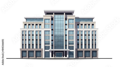 A modern, multi-story building with a glass facade and symmetrical design on a white background.