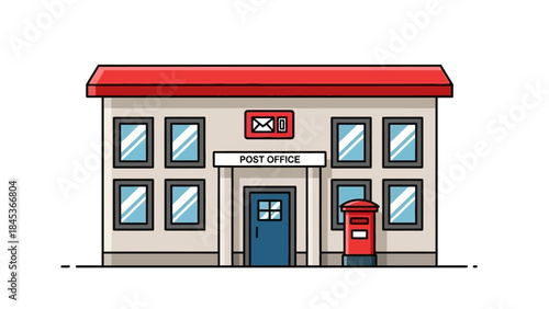 A cartoon illustration of a post office building with a red roof, multiple windows, a blue door, and a classic red post box outside.