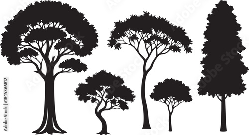 Collection of five diverse tree silhouettes