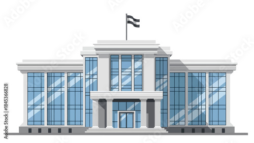 Modern government building or bank with columns, large glass windows, and a flag on the roof against a white background.