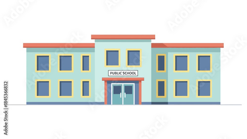 A cartoon illustration of a modern public school building with a light blue facade, red roof, and blue windows, featuring a main entrance.
