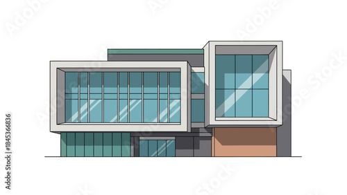 Modern building with large glass windows and geometric shapes, showcasing contemporary architectural design.