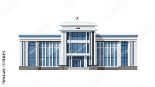 Modern government building with blue glass windows and a flag on top, symbolizing authority and civic service
