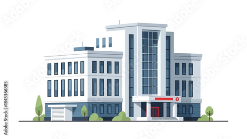 Modern Office Building with Glass Facade and Greenery Out Front