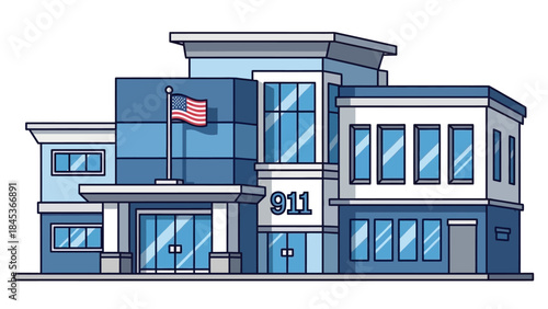 Modern police station building with American flag, 911 number and glass windows, illustration of law enforcement agency headquarters