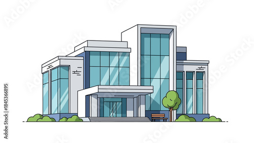 Modern Office Building Exterior with Glass Facade and Lush Greenery