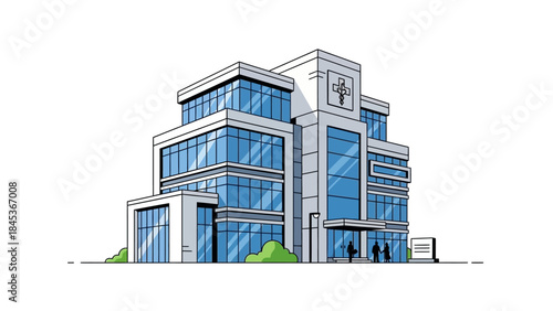 Sleek modern hospital building illustration, featuring a medical cross, large glass windows, and clean architecture, symbolizing contemporary healthcare and medical services