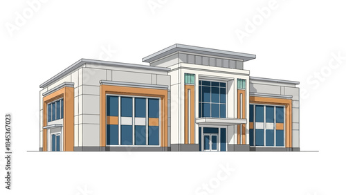Architectural visualization of a stylish corporate structure, featuring clean lines and a professional facade, ideal for showcasing contemporary design and business real estate