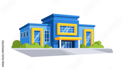 Flat design vector illustration of a contemporary blue building with yellow accents, representing a store, office, or public facility, set against a clean white background