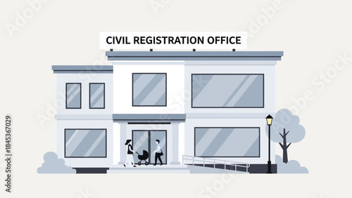 Modern illustration of a governmental civil registration office building, a public institution dedicated to essential civic documentation and life event services for citizens