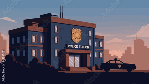 Vibrant Nighttime View of a Modern Police Station Building with a Patrol Car Parked in Front, Under a Serene Evening Sky in a Bustling City Setting