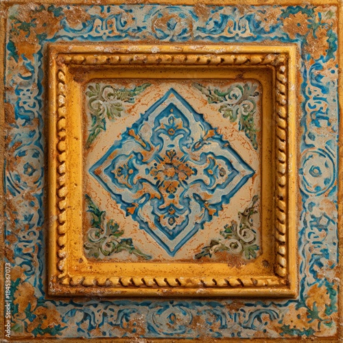 Square ceiling panel with ornate blue and gold floral patterns, highlighting exquisite craftsmanship and artistic detail, ideal for enhancing interior design aesthetics