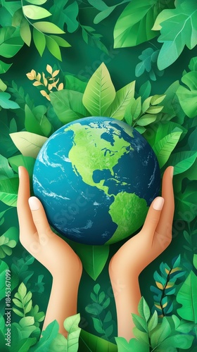 Hands Cradling Green Earth Globe Amidst Lush Foliage.