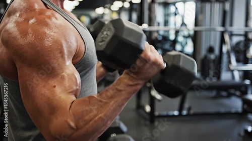 Intense Bicep Curls - Building Strength and Muscle Mass in the Gym.
