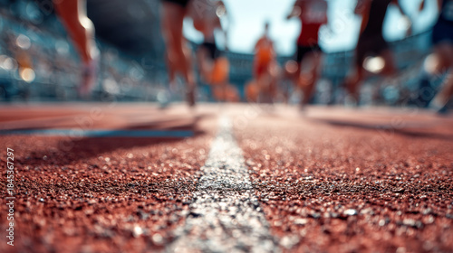Wallpaper Mural Perspective view of athletes running on an outdoor red rubber track during a competitive race with blurred background and dynamic motion effects Torontodigital.ca
