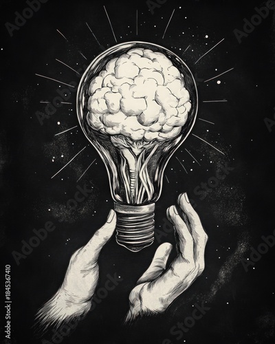 Hands Holding Lightbulb with Brain Inside Symbolic Illustration.