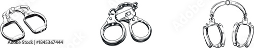 Modern crime investigation icons are illustrated in a minimalist design, featuring an isolated line drawing of handcuffs on a white background