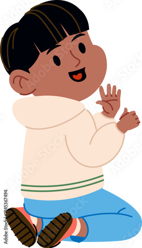 Child Waving Kneeling Cartoon