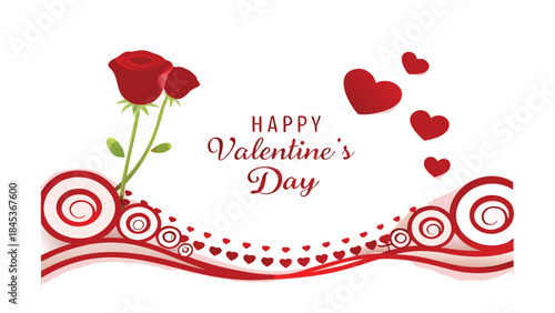 Flat vector graphic with single rose stem wrapped around valentine's day theme on white background with red hearts and swirls