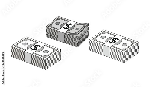 A simplified monochrome illustration depicts three stacks of american currency showcasing a visual representation of wealth and financial resources in a basic style