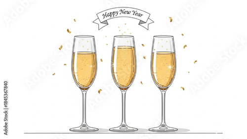 Realistic New Year Champagne Toast Set with Three Flutes, Gold Drink, and Happy New Year Text Vector Illustration