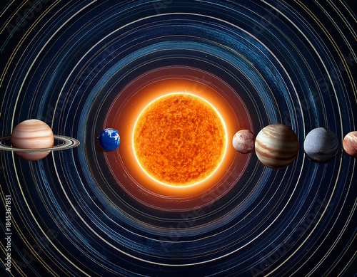Solar system concept image with planets in orbit around the sun, representing cosmic beauty, astronomy, and wonder.