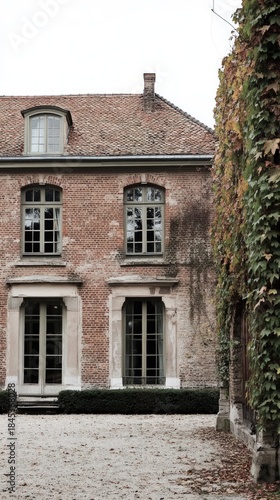 Historic Brick Building with Climbing Ivy and Cobblestone Forecourt.