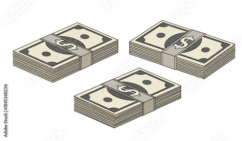 An isometric illustration depicting three separate stacks of one hundred dollar bills neatly bundled together with paper bands on a white background