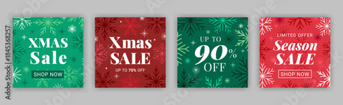 Xmas sale banner set. Snowflake pattern cards with seasonal price deal. Christmas coloured discount cards. EPS 10 vector flyer design.