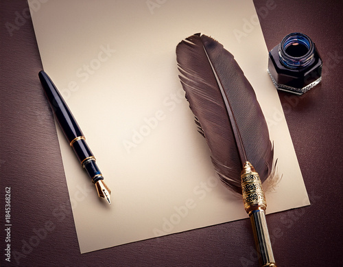 Elegant Writing Tools Featuring Quill Pen, Ink Bottle, and Blank Paper