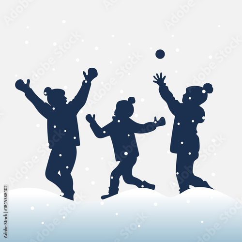 Dark blue silhouette winter theme children playing in the snow flat design illustration in the snow