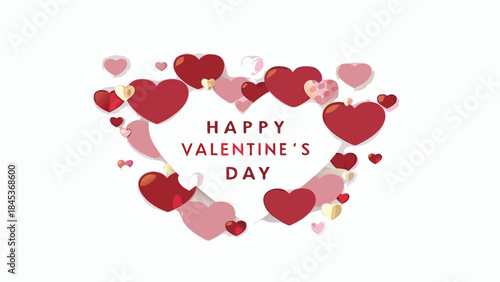 A festive arrangement of soft matte hearts in various sizes and shades of red and pink forming a larger heart shape with happy valentines