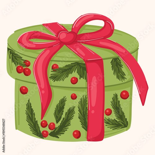 Green Gift Box With Red Ribbon and Holiday Sprigs: Festive Present for Christmas