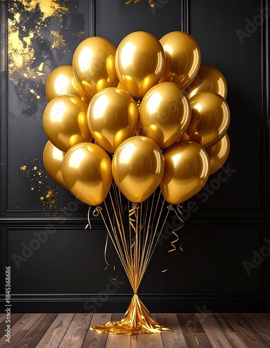 Shiny golden balloons clustered against a dark background