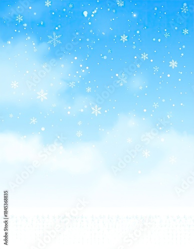 Blue sky with falling snow, fluffy clouds, and ground