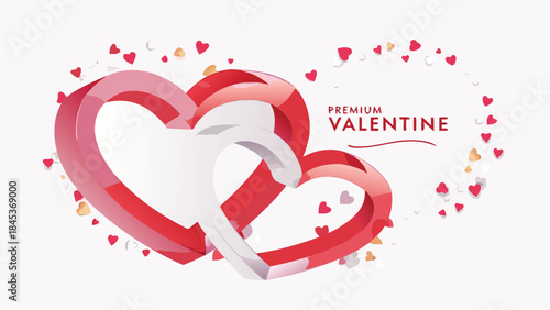 Highly detailed 3d dual hearts intertwined in vibrant red hues with scattered smaller hearts on white background for valentine's day