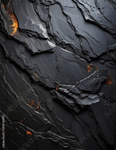 Dark layered rock with orange glowing fissures