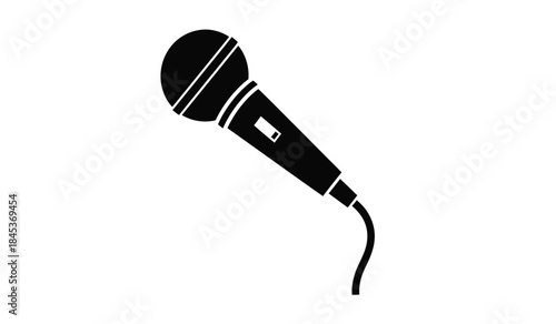 A simple black and white illustration depicts a dynamic microphone resting at a slight angle showcasing its iconic form and cable connection
