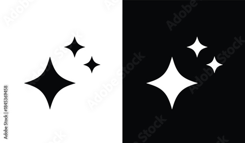 A striking visual composition divides into stark black and white featuring scattered diamond shapes and sparkling starbursts on each side high quality professional