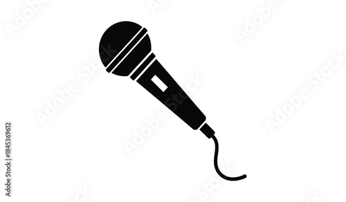 A simple black and white illustration depicting a classic dynamic microphone commonly used for vocal performances and public speaking engagements is shown