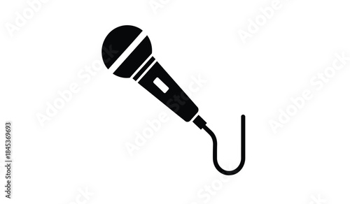A minimalistic black and white illustration depicts a classic dynamic microphone with a cable suggesting vocal performance or audio recording applications high quality