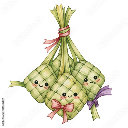 Cheerful Ketupat Cartoon Mascot Set for Muslim Holiday Celebrations.