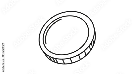 Minimalist black and white line drawing of a coin with textured edge design