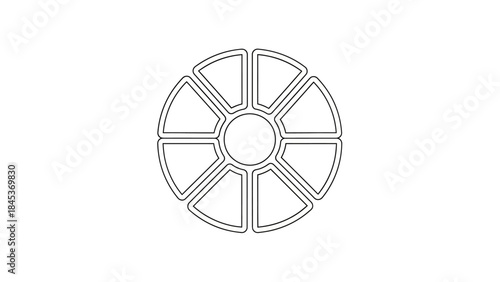Minimalist black and white line drawing of a divided circular pie chart or wheel with segments
